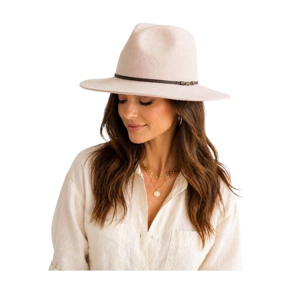 House of Harlow 1960 Accessories - House of Harlow 100% Wool Fedora Hat Brown Trim Wide Brim Boho OS  tan-taupe
